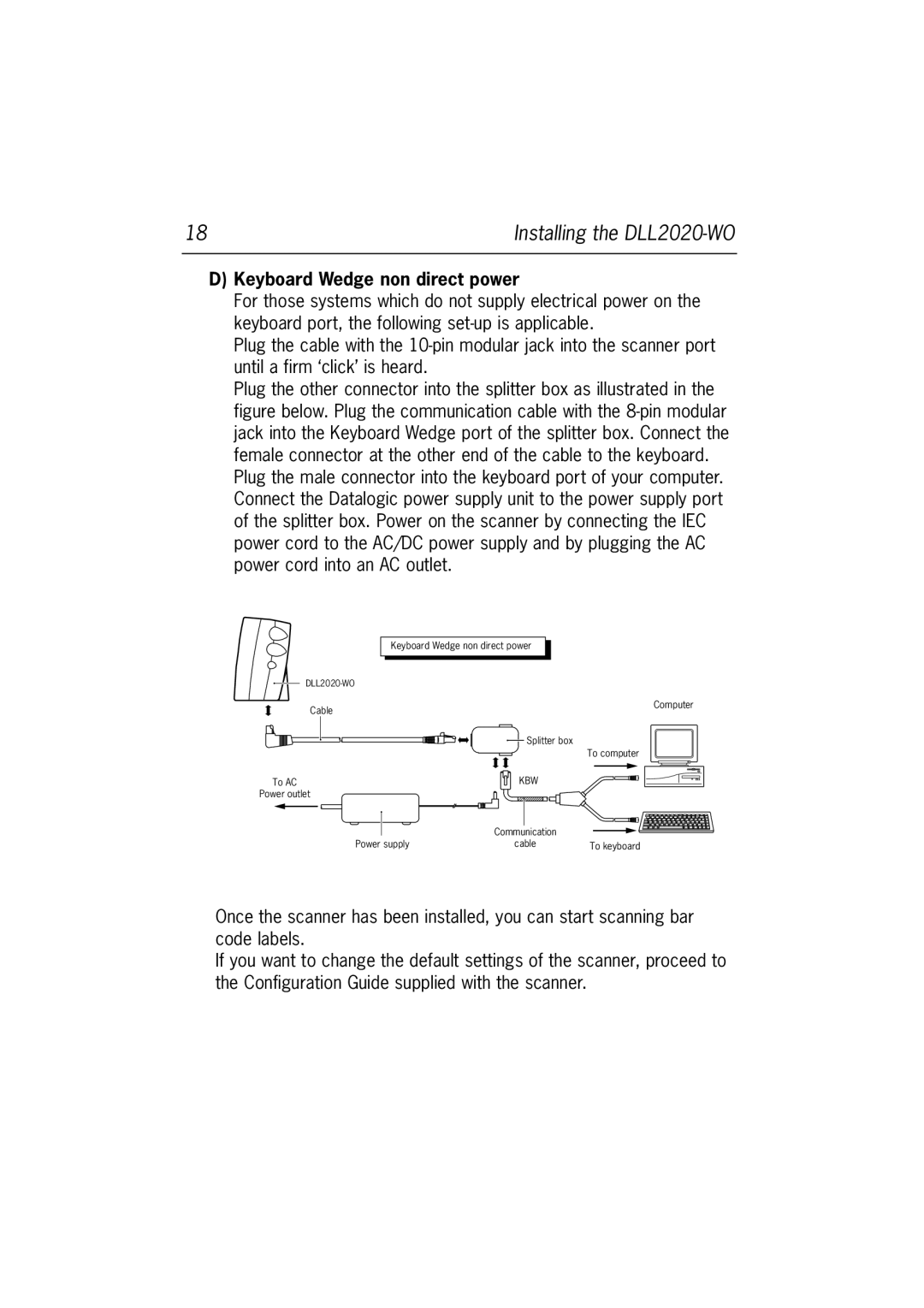 Datalogic Scanning DLL2020-WO user manual Keyboard Wedge non direct power 