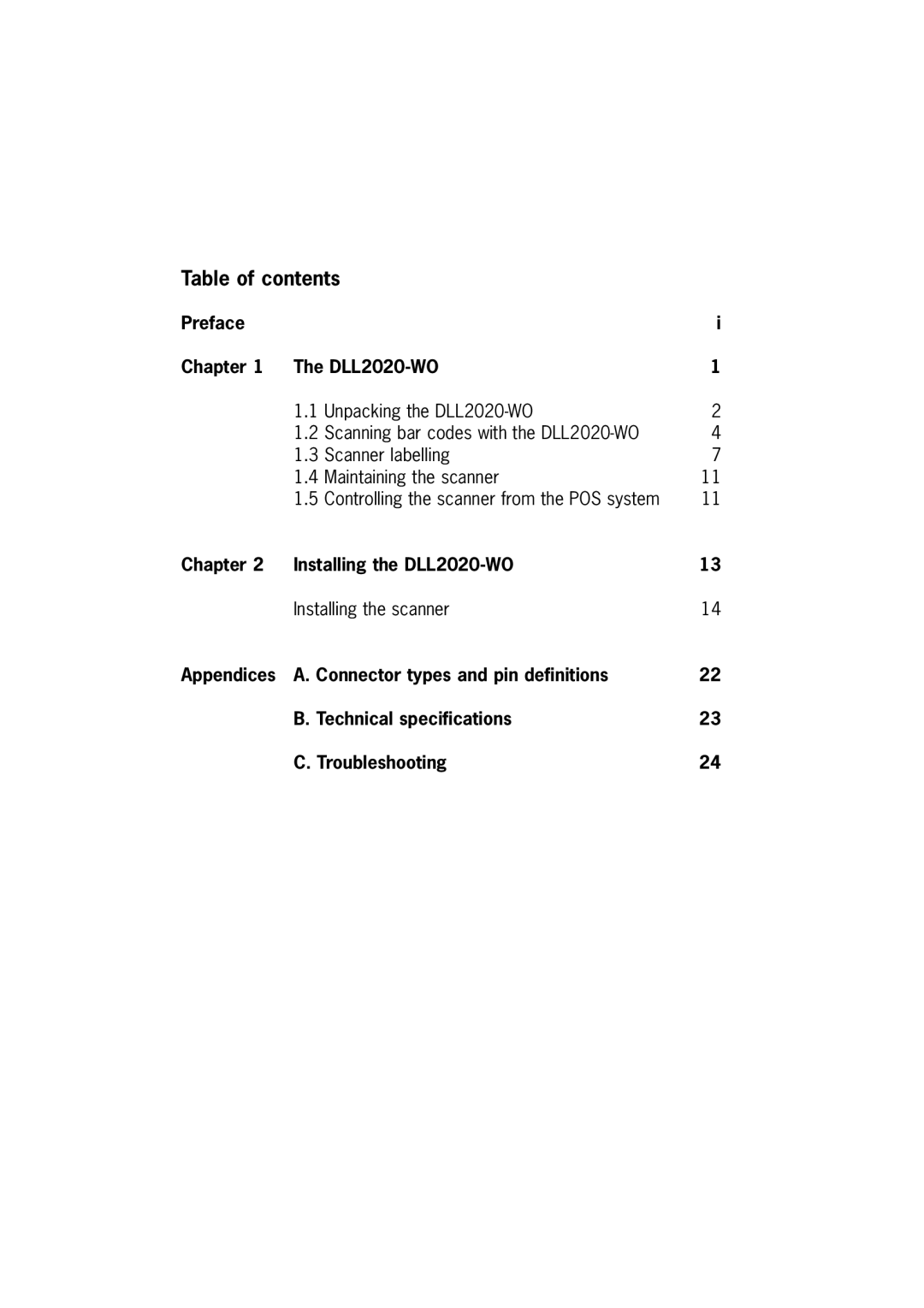 Datalogic Scanning DLL2020-WO user manual Table of contents 