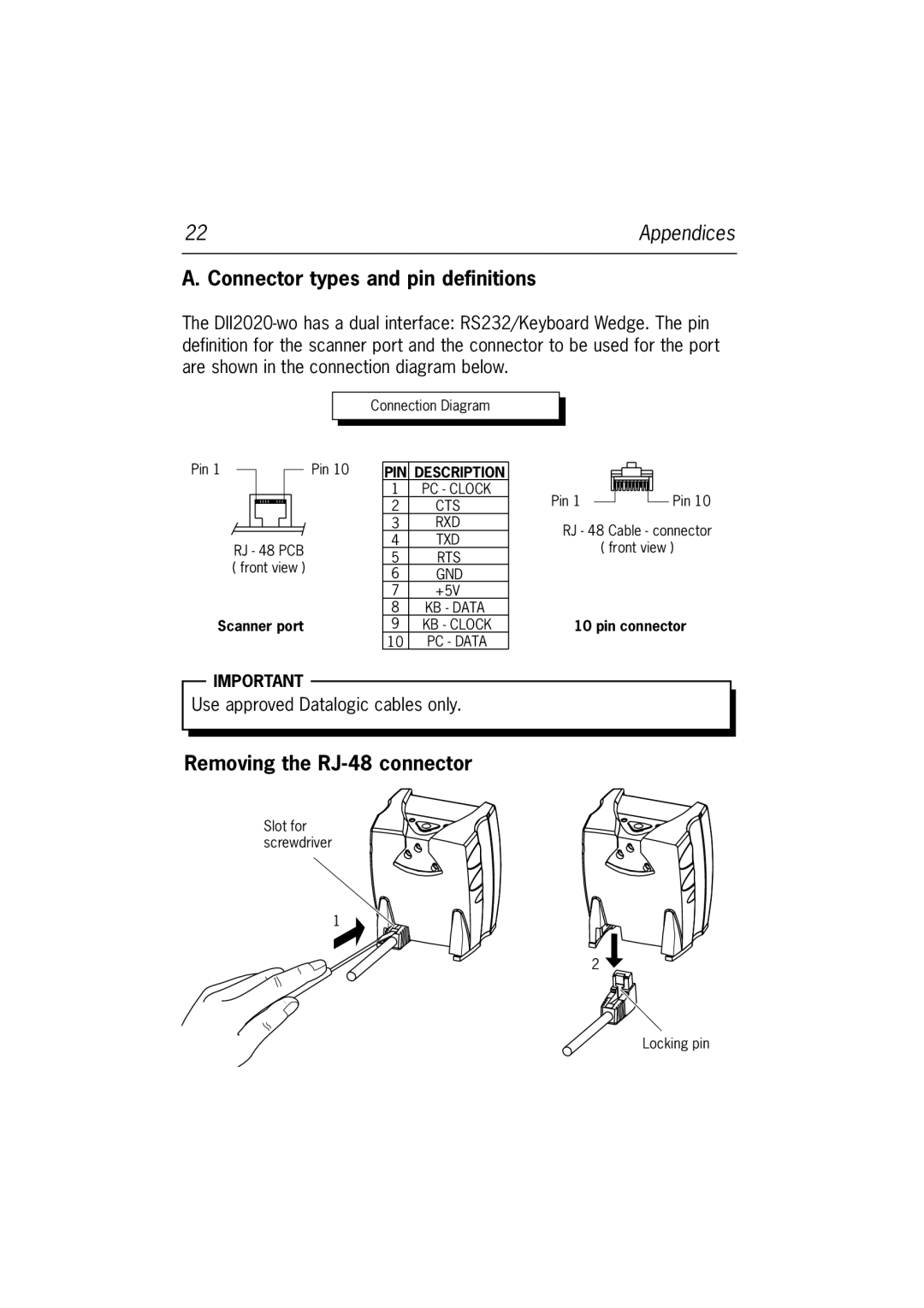 Datalogic Scanning DLL2020-WO manual Connector types and pin definitions, Removing the RJ-48 connector 