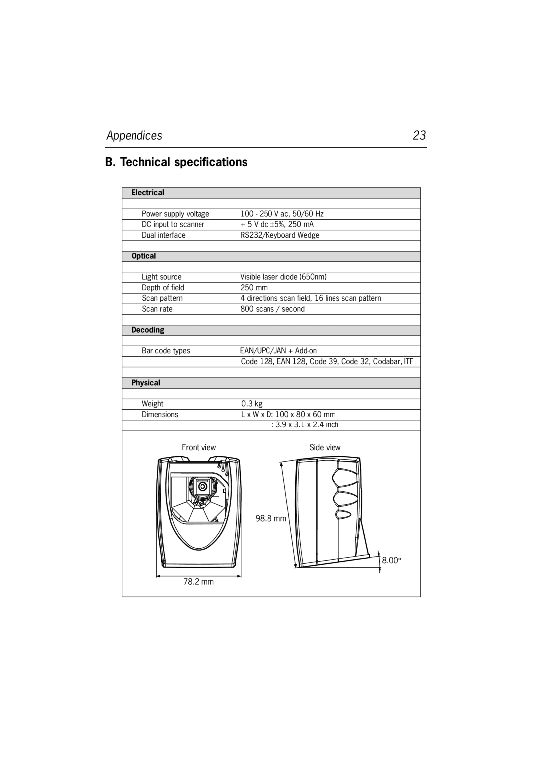 Datalogic Scanning DLL2020-WO manual Technical specifications, Electrical 