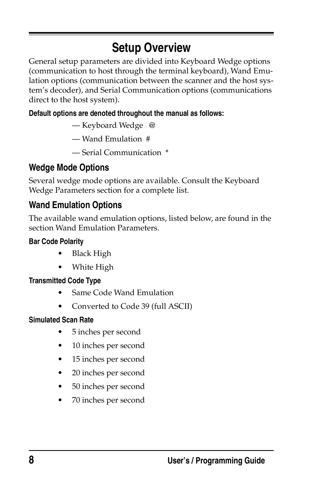 Datalogic Scanning DS2200 SH2348, DS1100 SH2347 manual Setup Overview, Wedge Mode Options, Wand Emulation Options 