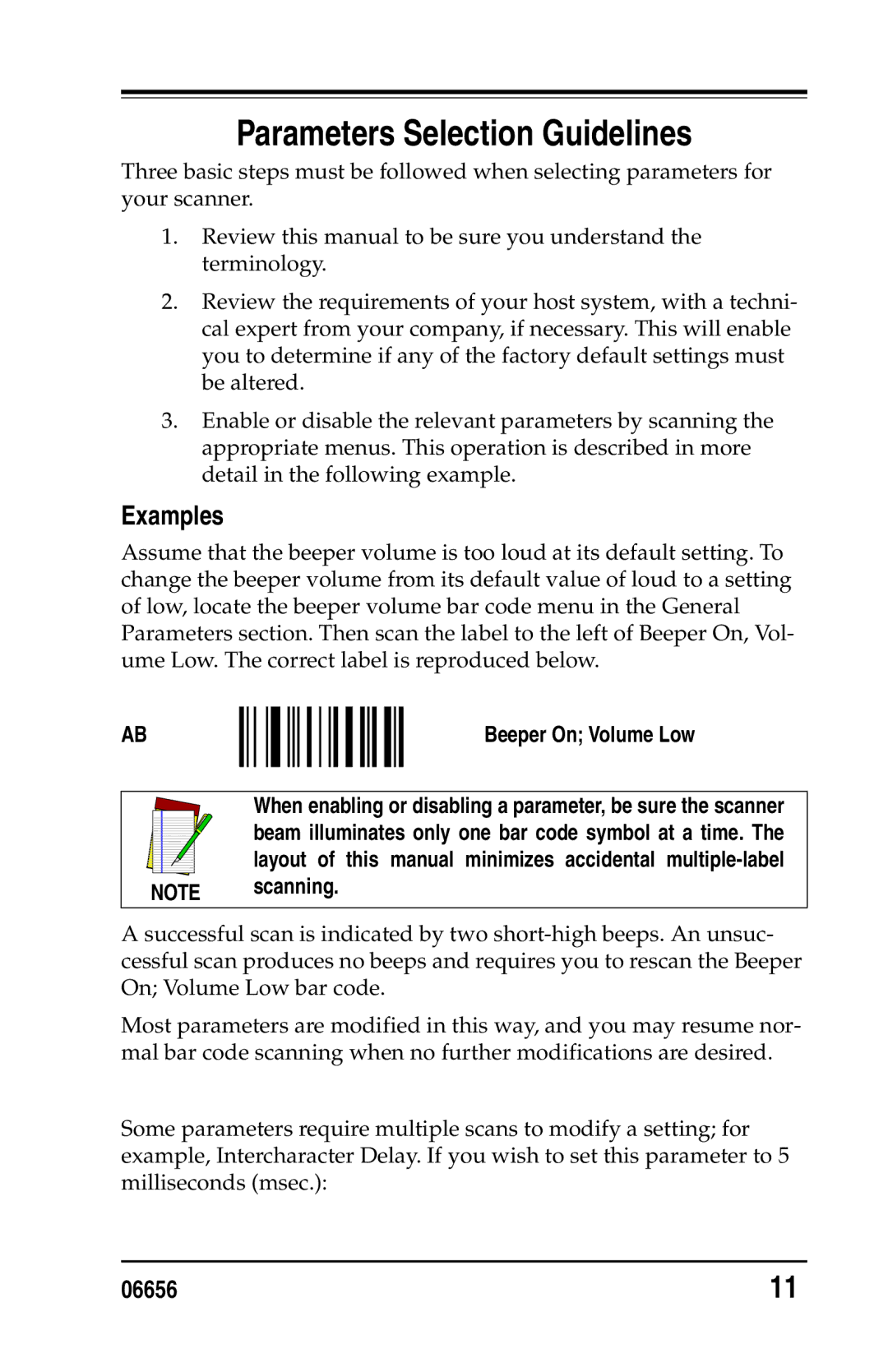 Datalogic Scanning DS1100 SH2347, DS2200 SH2348 manual Parameters Selection Guidelines, Examples, Beeper On Volume Low 