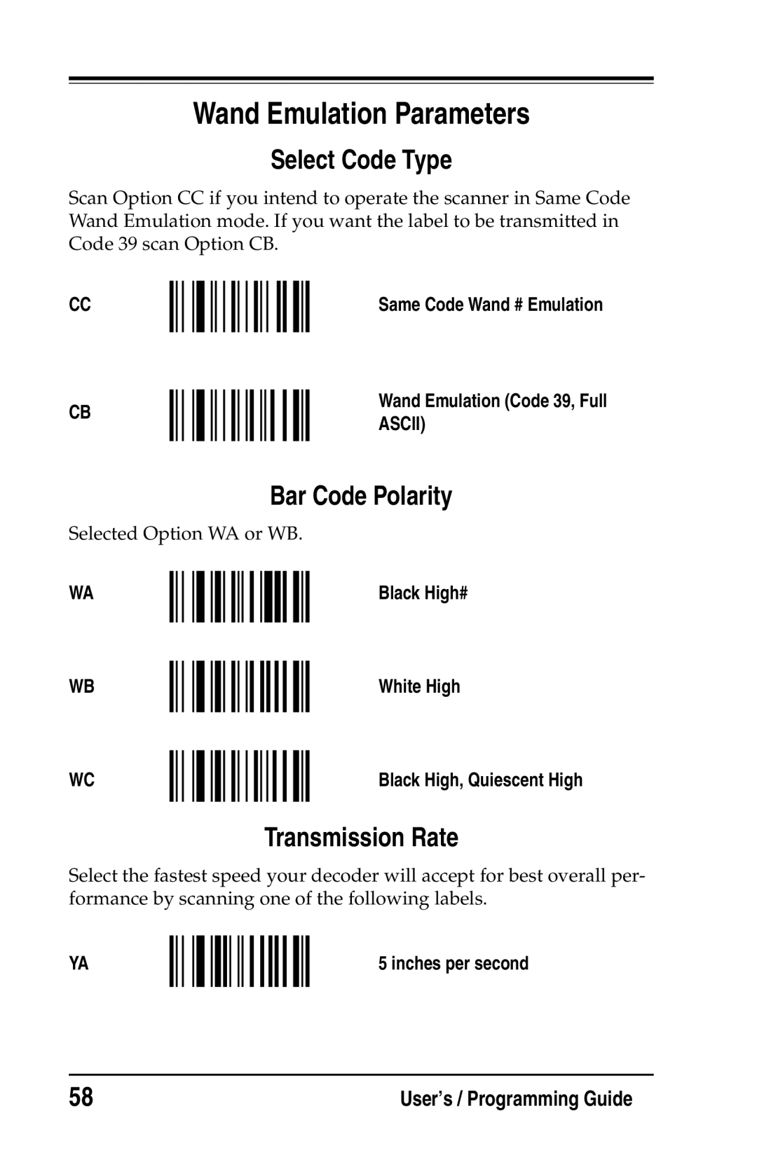 Datalogic Scanning DS2200 SH2348 manual Wand Emulation Parameters, Select Code Type, Bar Code Polarity, Transmission Rate 