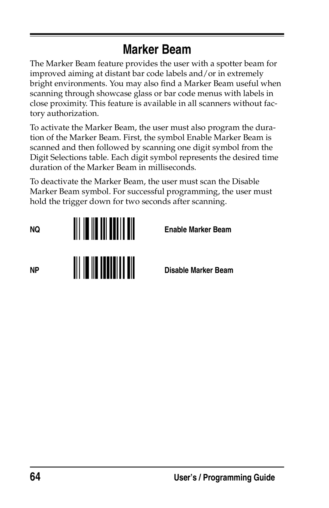 Datalogic Scanning DS2200 SH2348, DS1100 SH2347 manual Enable Marker Beam Disable Marker Beam 