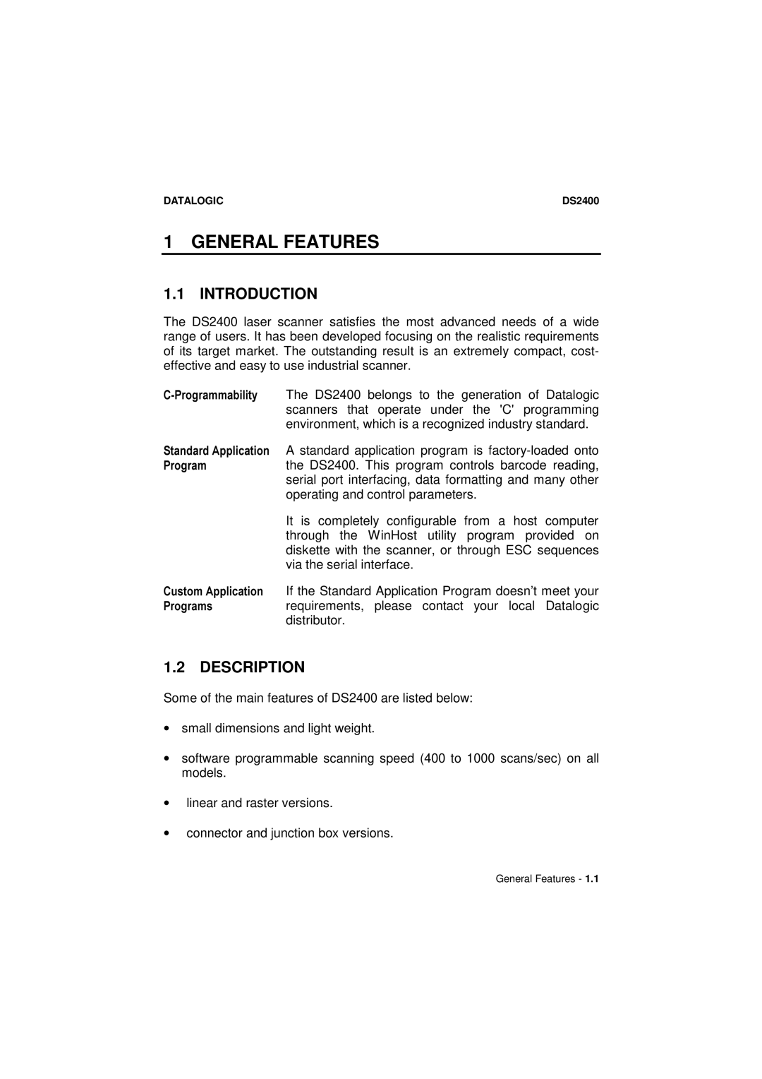 Datalogic Scanning DS2400 manual General Features, Introduction, Description 