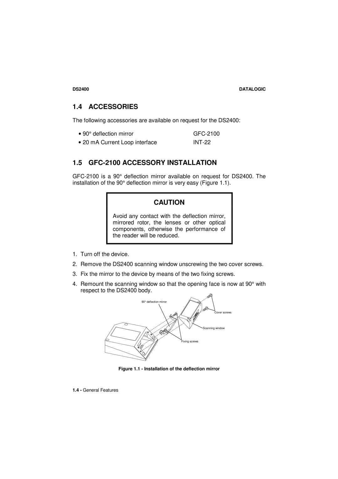 Datalogic Scanning DS2400 manual Accessories, GFC-2100 Accessory Installation 