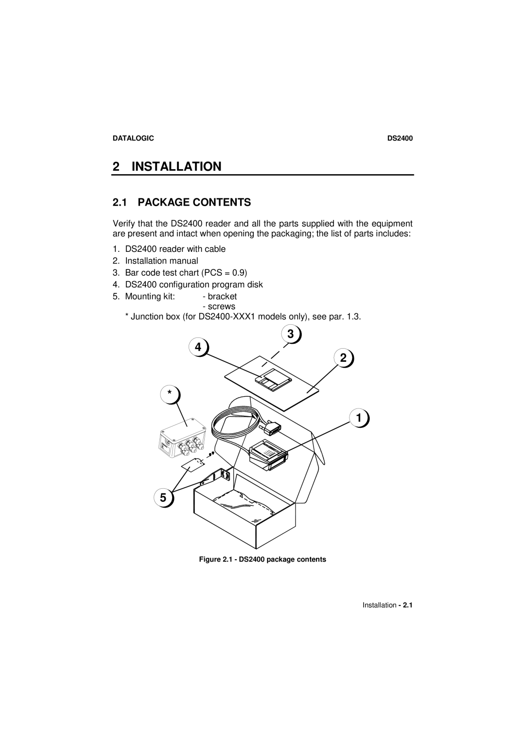 Datalogic Scanning DS2400 manual Installation, Package Contents 