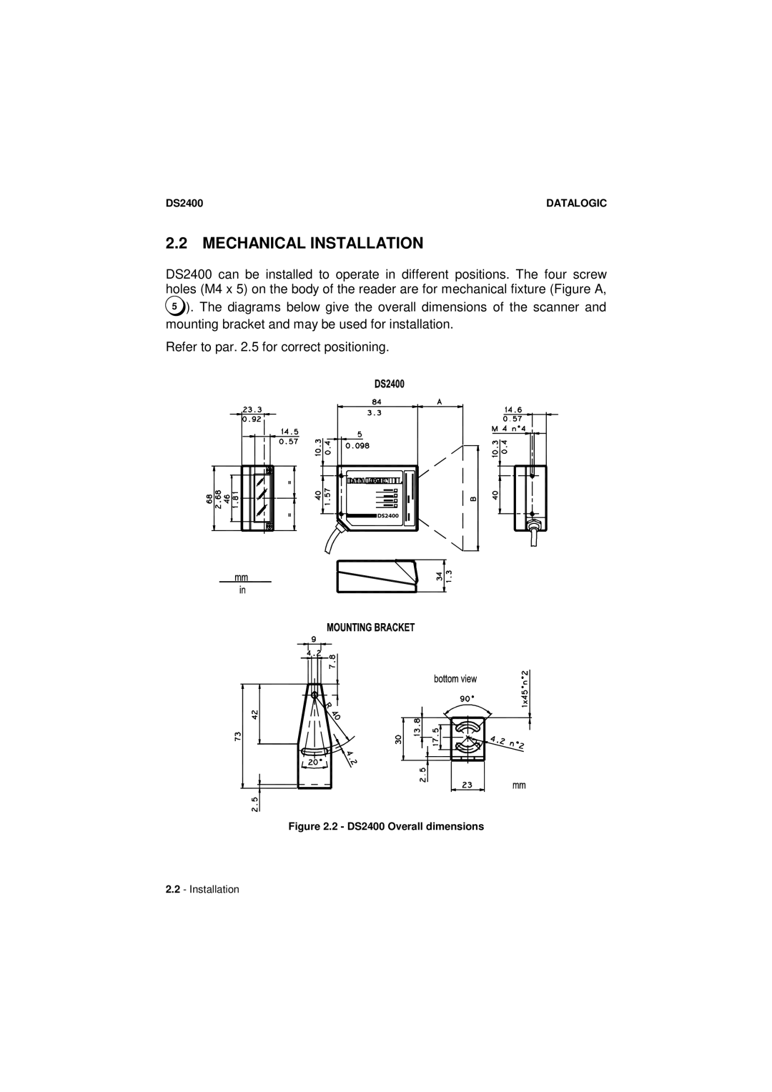 Datalogic Scanning manual Mechanical Installation, DS2400 Overall dimensions 