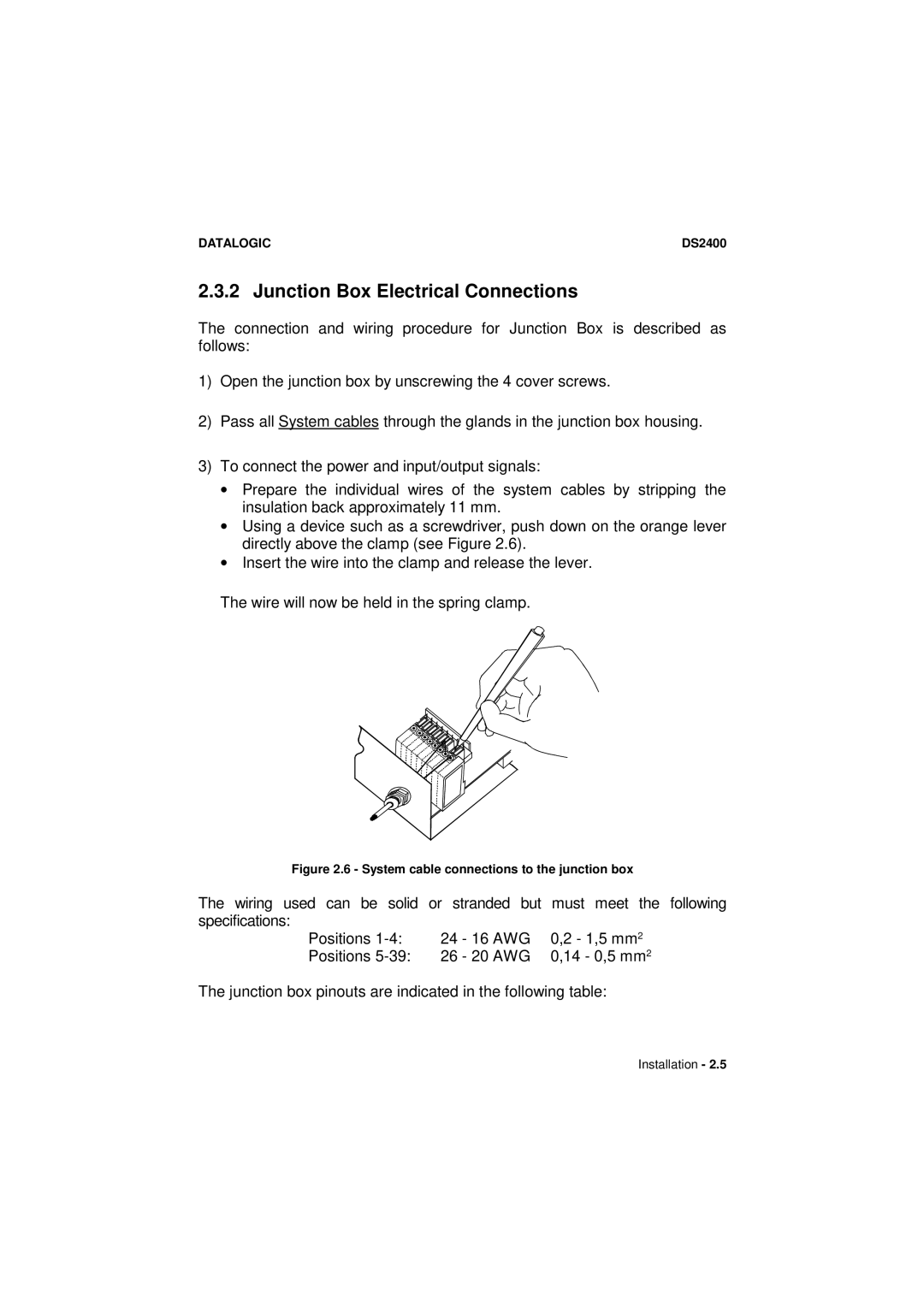 Datalogic Scanning DS2400 manual Junction Box Electrical Connections, System cable connections to the junction box 