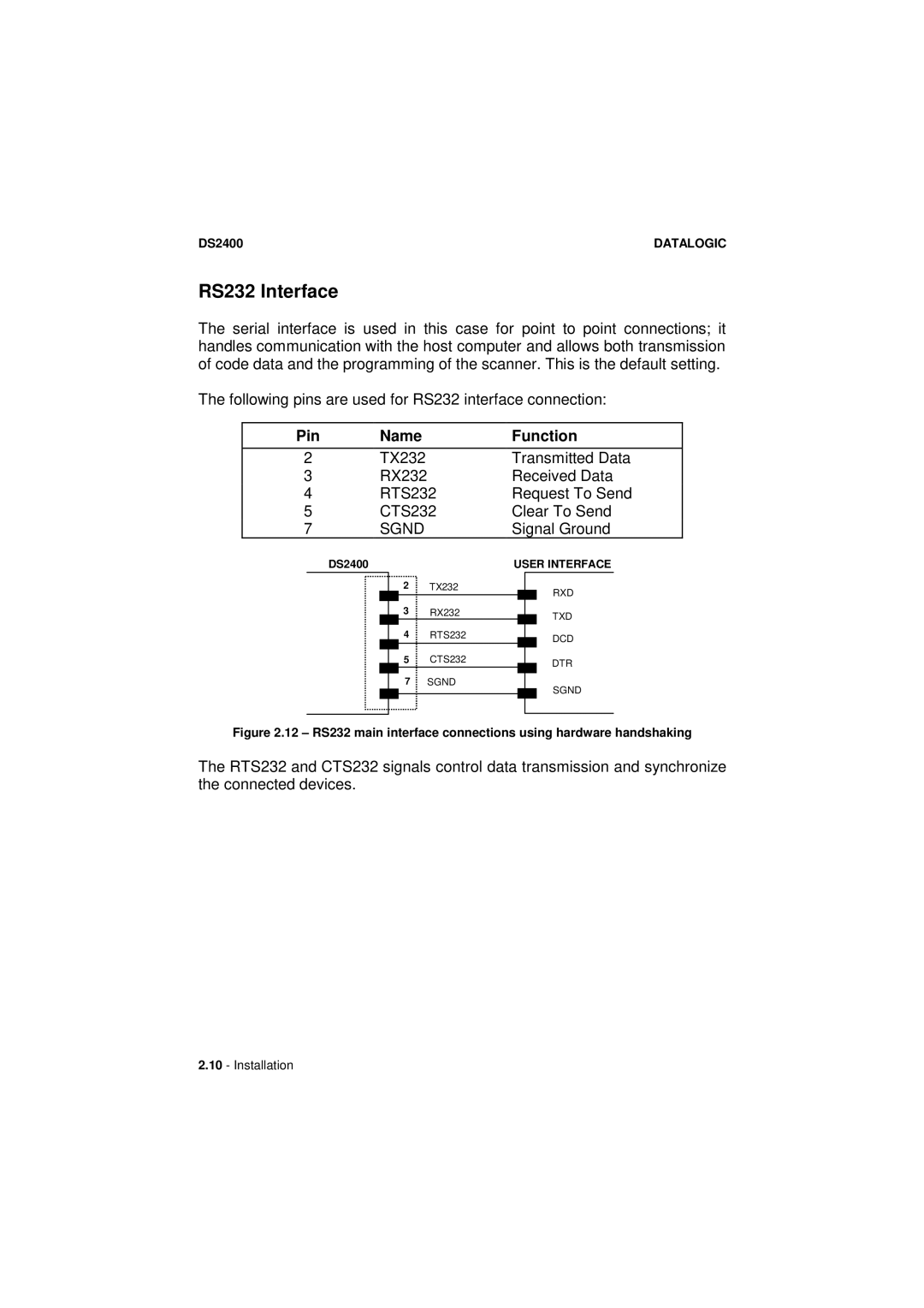 Datalogic Scanning DS2400 manual RS232 Interface, Pin Name Function 