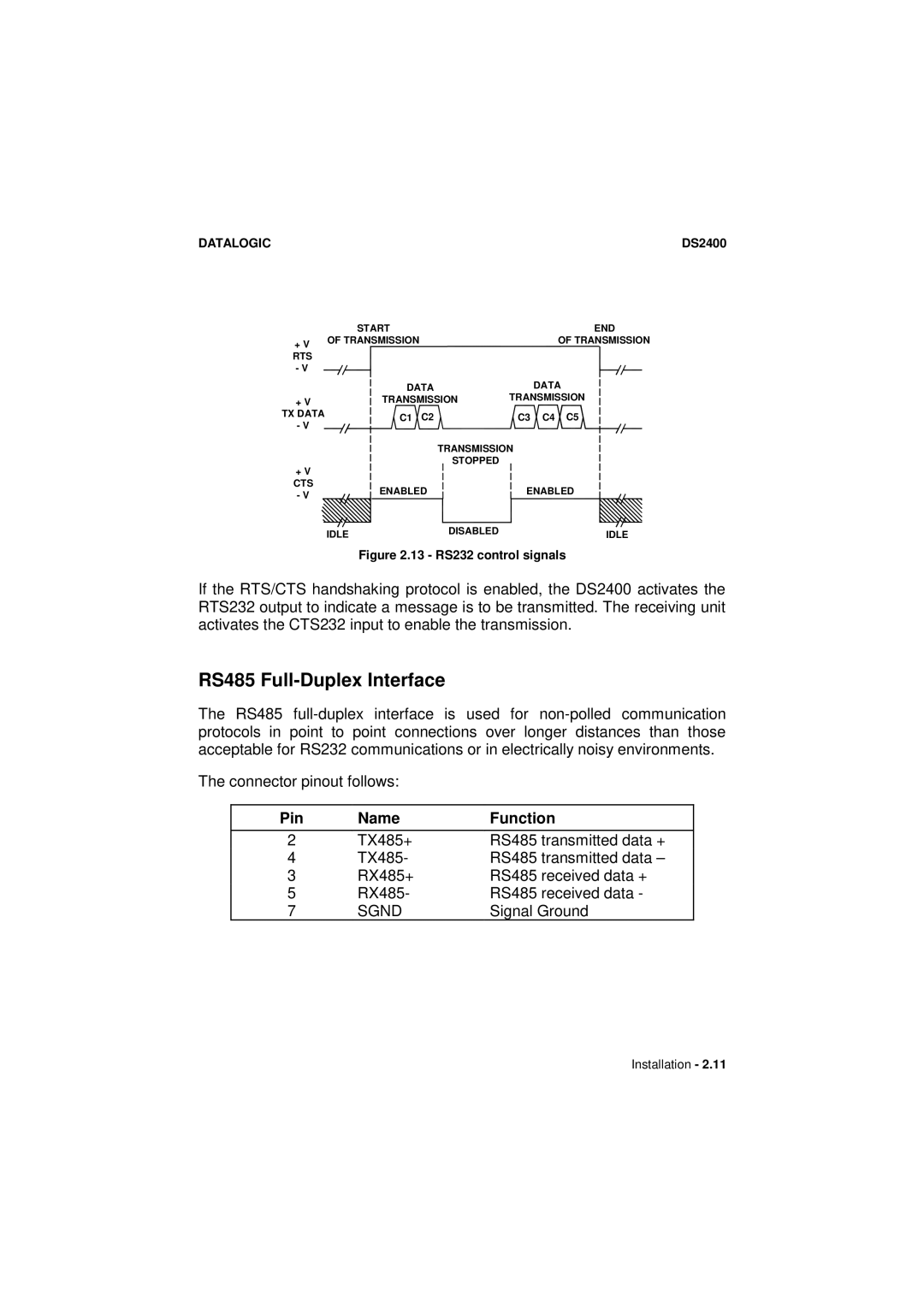 Datalogic Scanning DS2400 manual RS485 Full-Duplex Interface, 13 RS232 control signals 