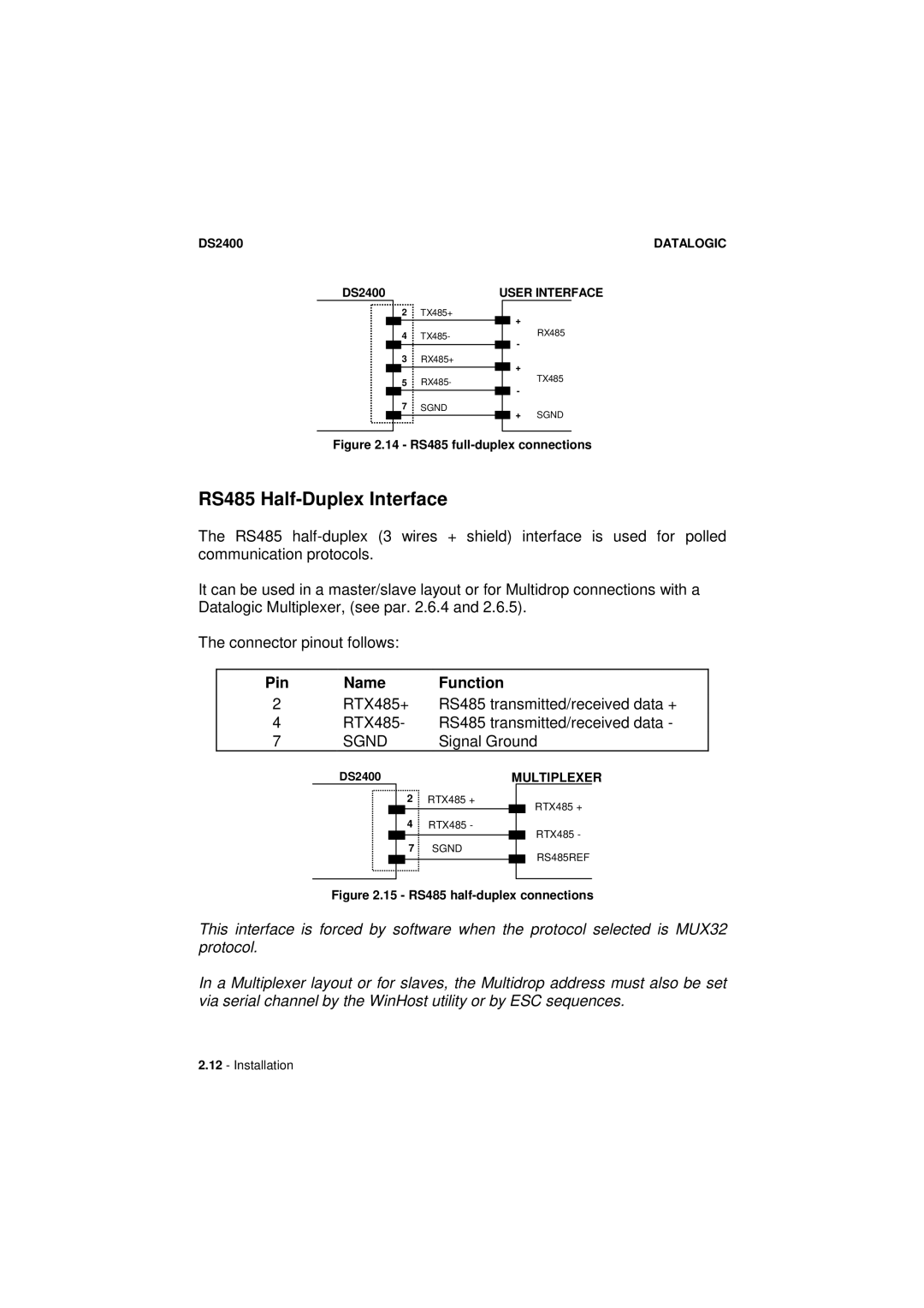 Datalogic Scanning DS2400 manual RS485 Half-Duplex Interface, 14 RS485 full-duplex connections 