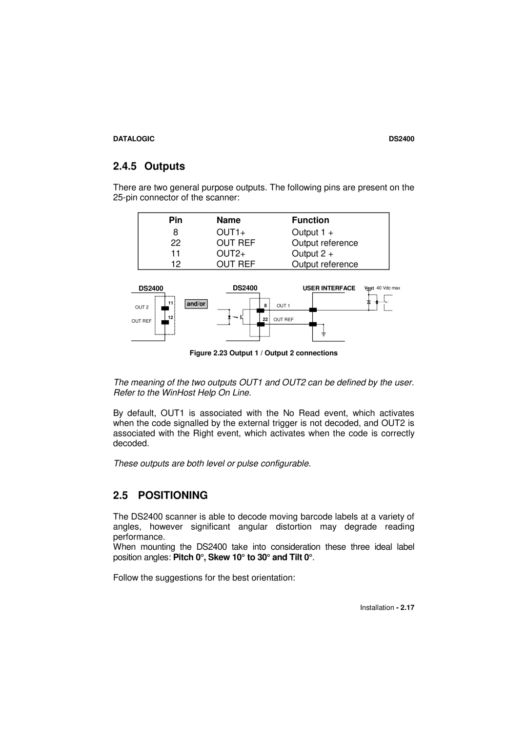 Datalogic Scanning DS2400 manual Outputs, Positioning 