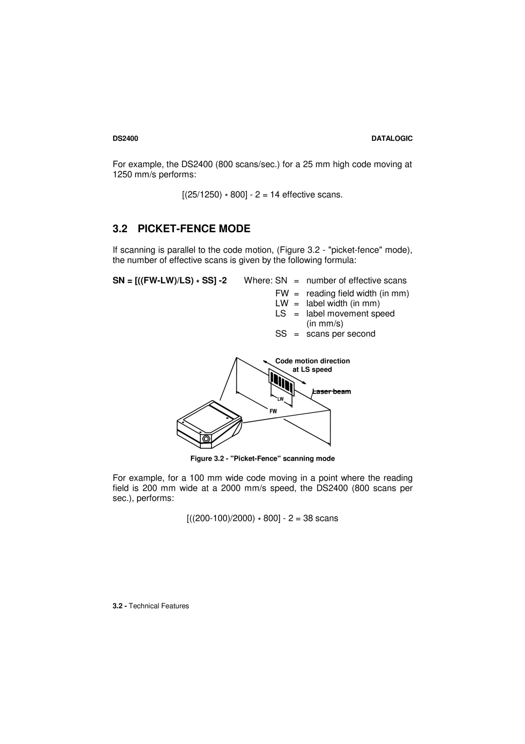 Datalogic Scanning DS2400 manual PICKET-FENCE Mode, SN = FW-LW/LS * SS -2 Where SN 