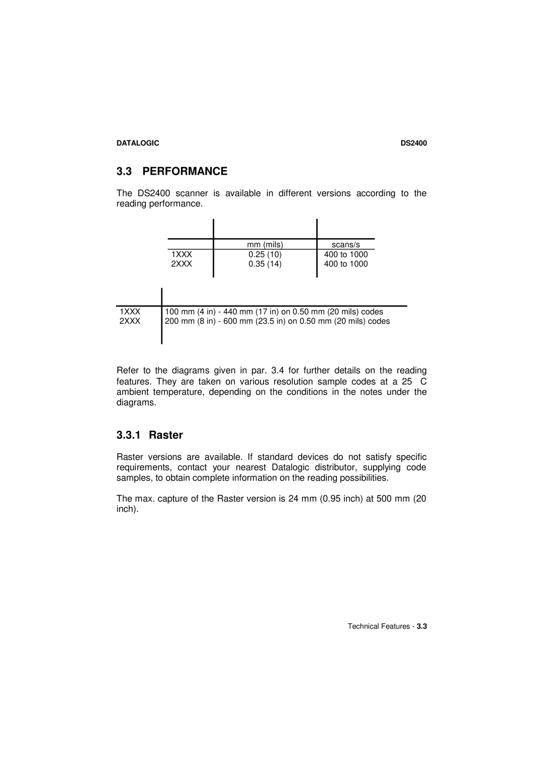 Datalogic Scanning DS2400 manual Performance, Raster 