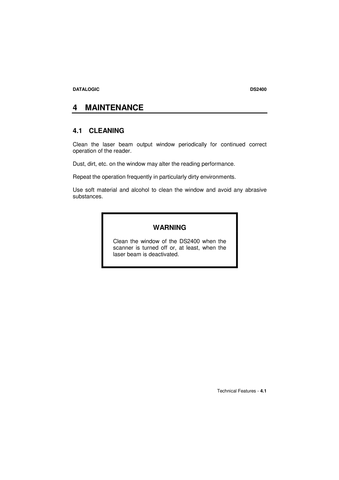 Datalogic Scanning DS2400 manual Maintenance, Cleaning 