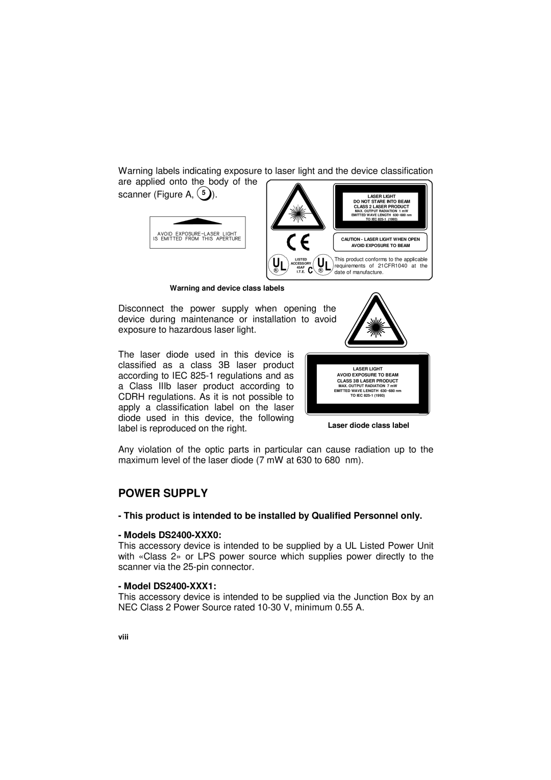 Datalogic Scanning manual Power Supply, Scanner Figure a, Model DS2400-XXX1 