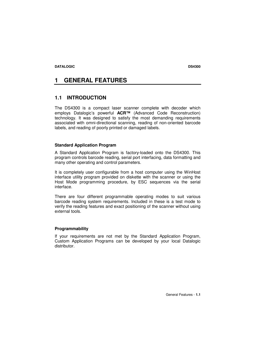 Datalogic Scanning DS4300 manual General Features, Introduction, Standard Application Program, Programmability 