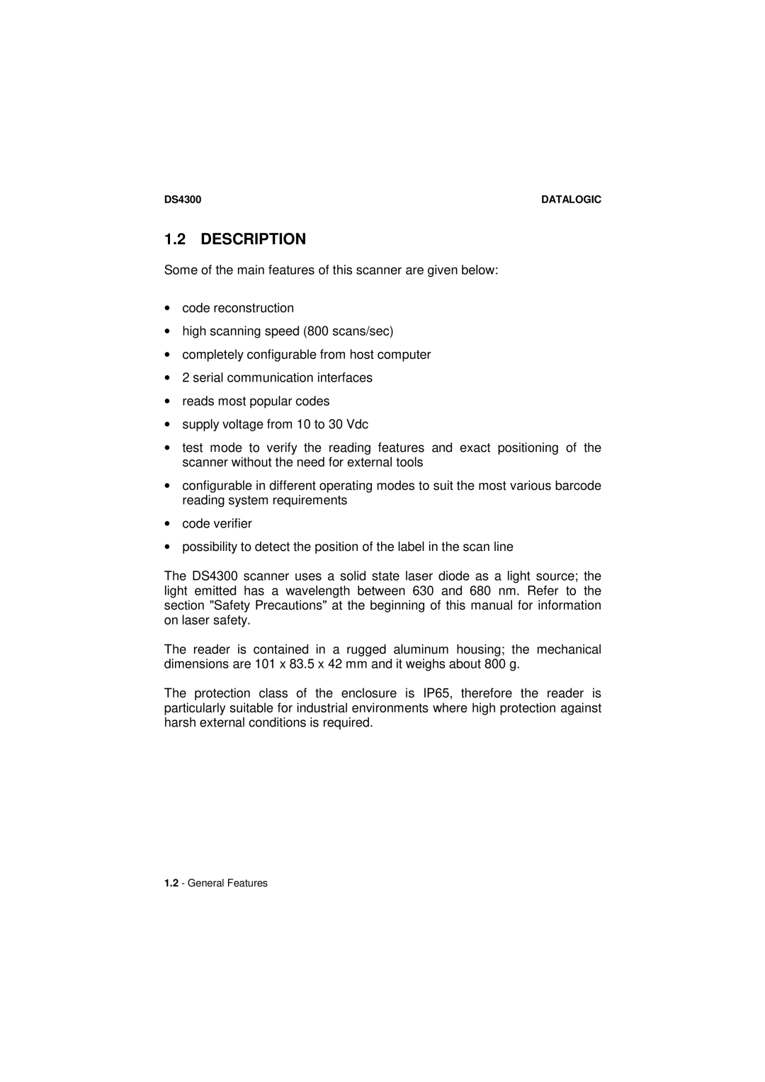 Datalogic Scanning DS4300 manual Description 