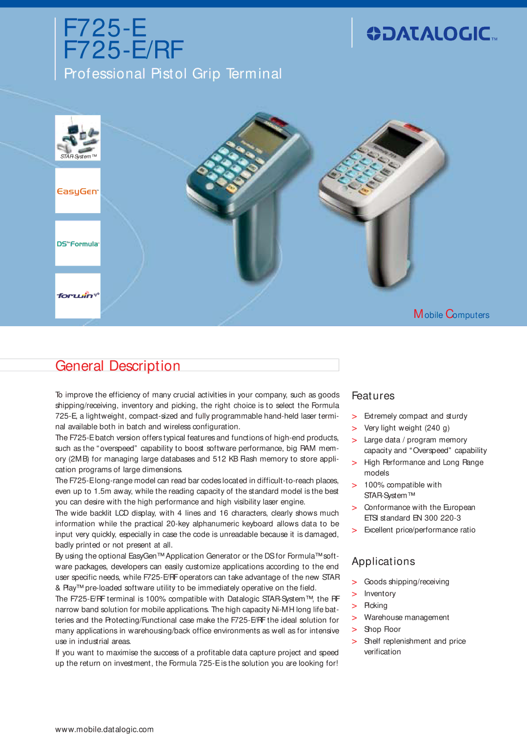 Datalogic Scanning dimensions F725-E F725-E/RF 