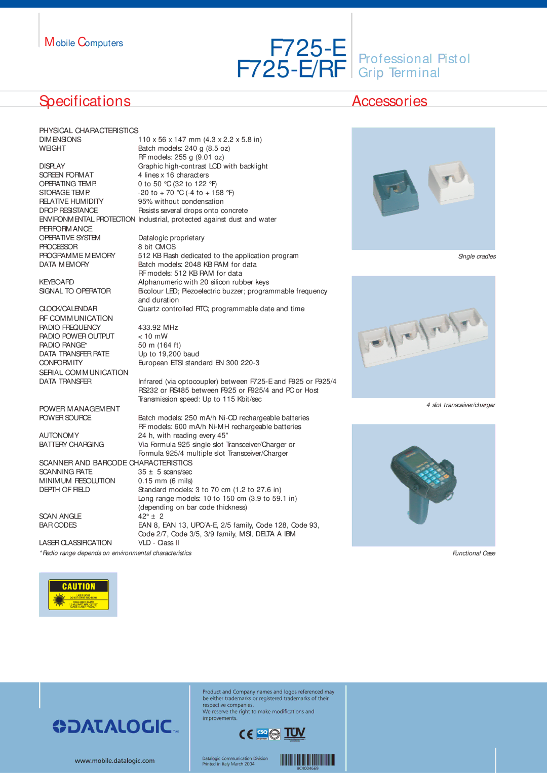 Datalogic Scanning F725-E/RF dimensions Performance, RF Communication, Serial Communication, Power Management 