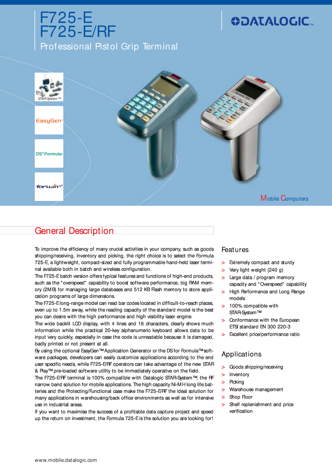 Datalogic Scanning dimensions General Description, Mobile Computers, F725-E F725-E/RF, Features, Applications 