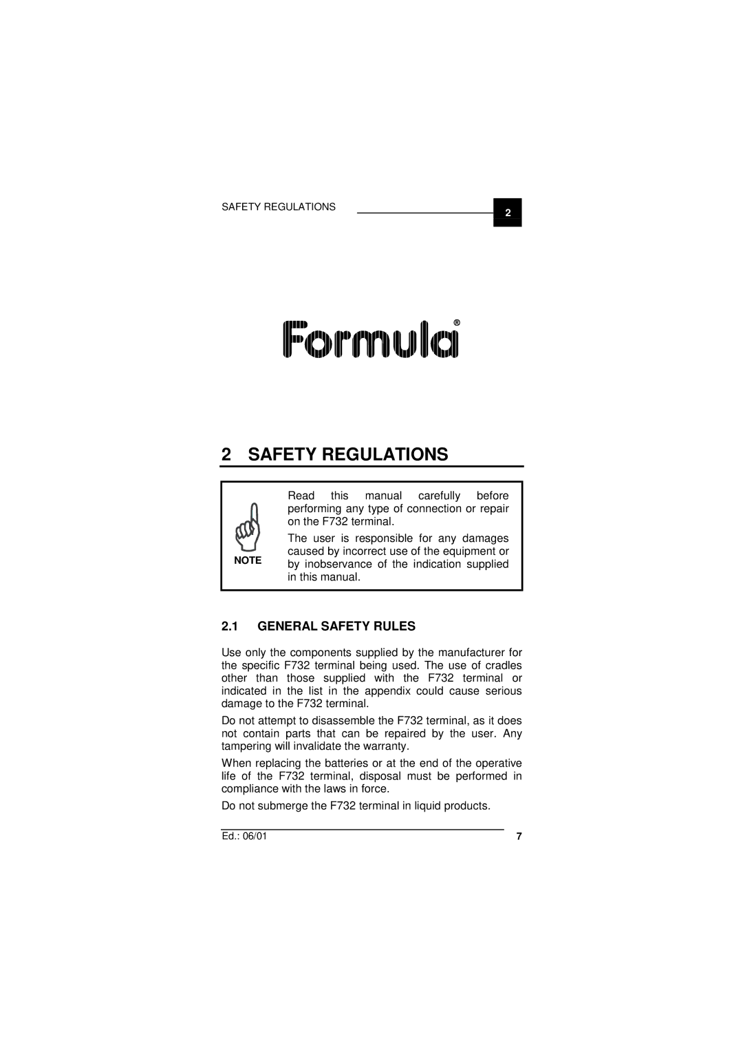 Datalogic Scanning F732 user manual Safety Regulations, General Safety Rules 