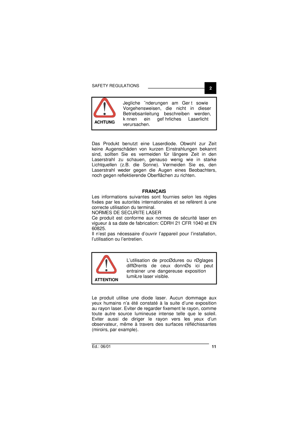 Datalogic Scanning F732 user manual Français, Normes DE Securite Laser 