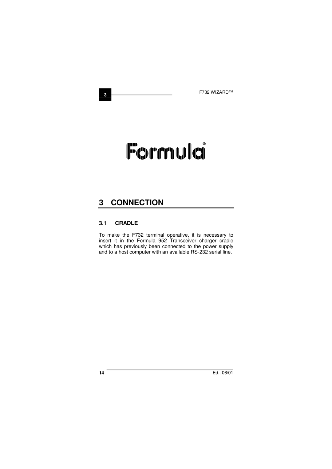 Datalogic Scanning F732 user manual Connection, Cradle 