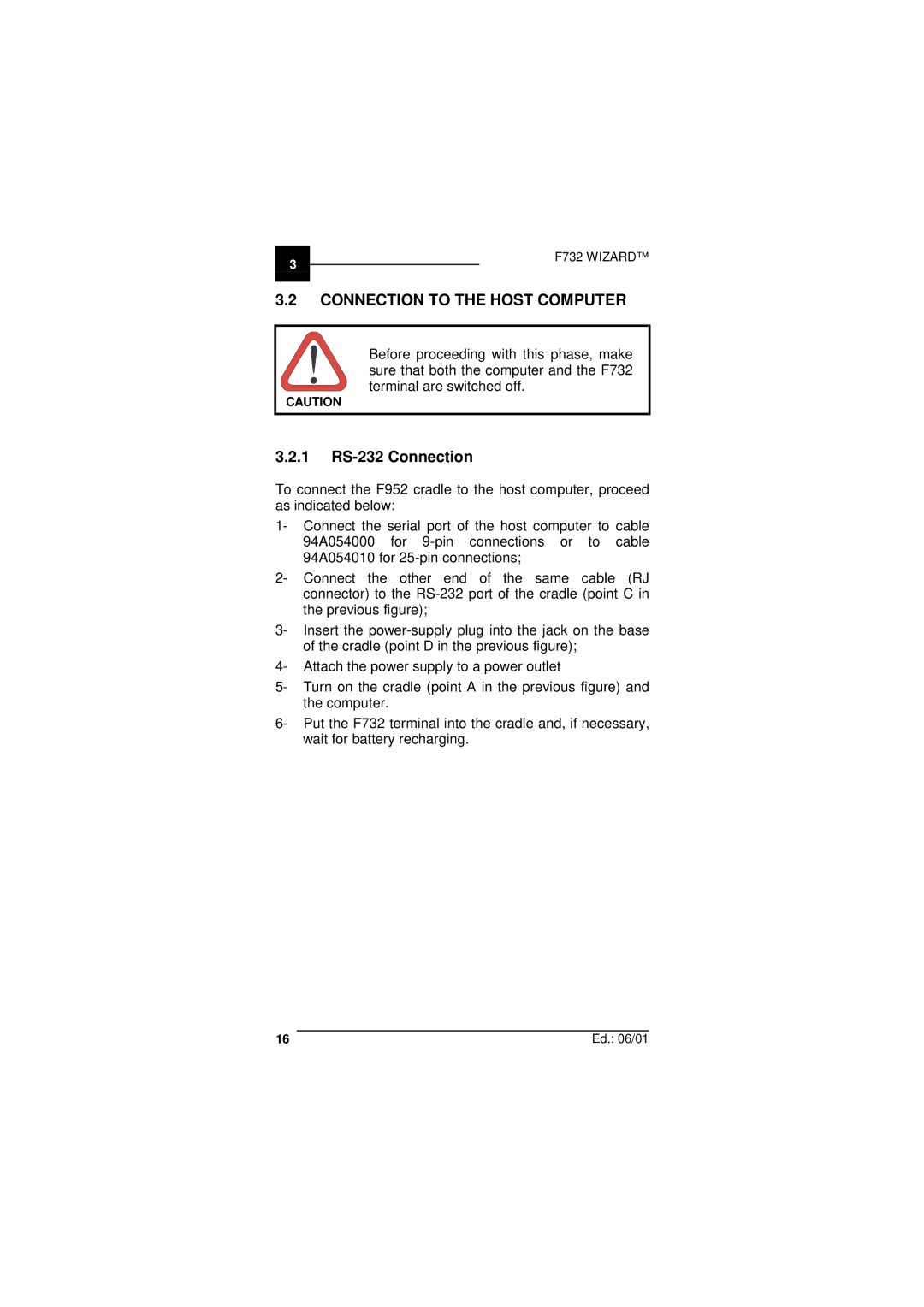 Datalogic Scanning F732 user manual Connection to the Host Computer, 1 RS-232 Connection 