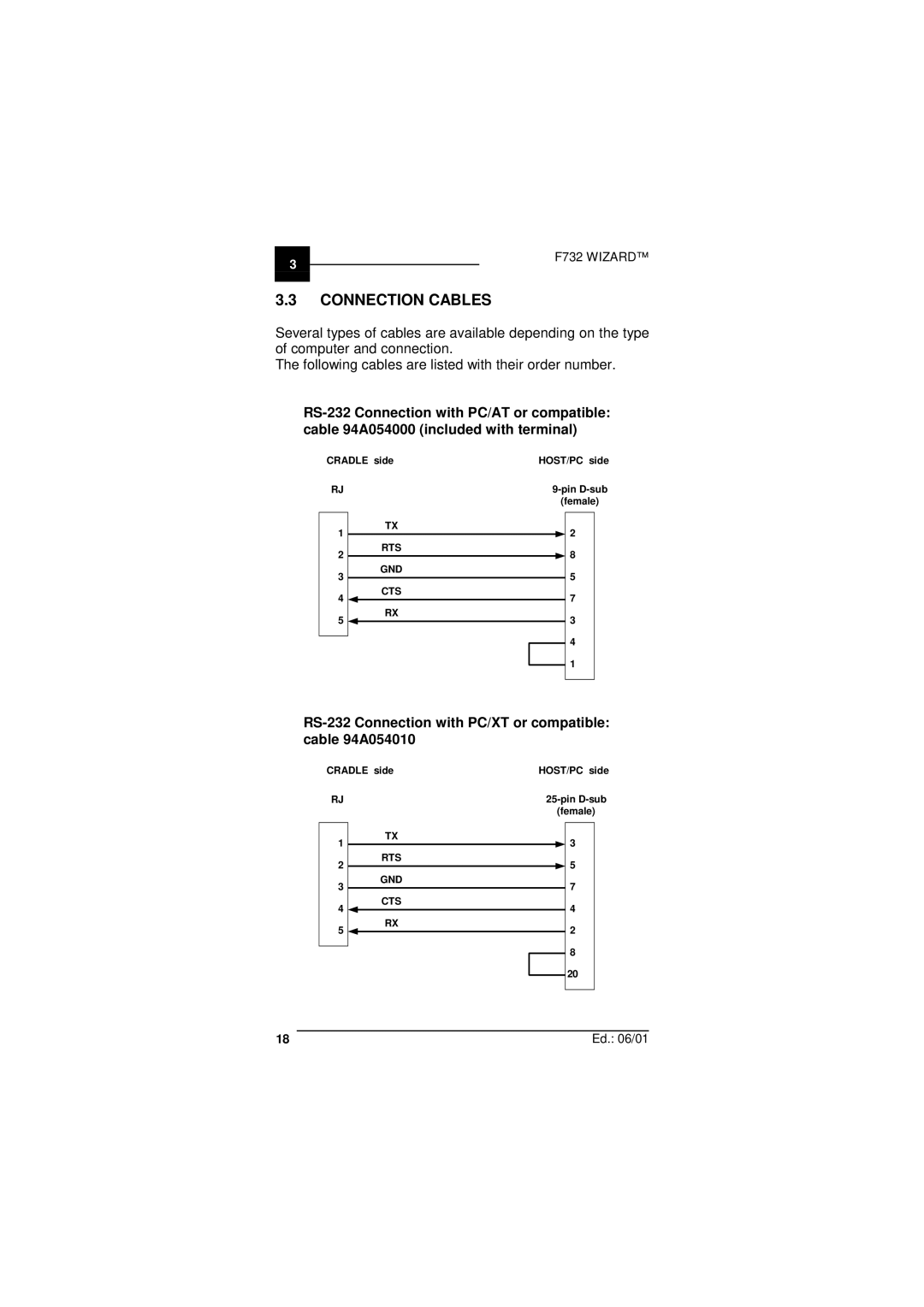 Datalogic Scanning F732 user manual Connection Cables, ‰ RS-232 Connection with PC/XT or compatible cable 94A054010 