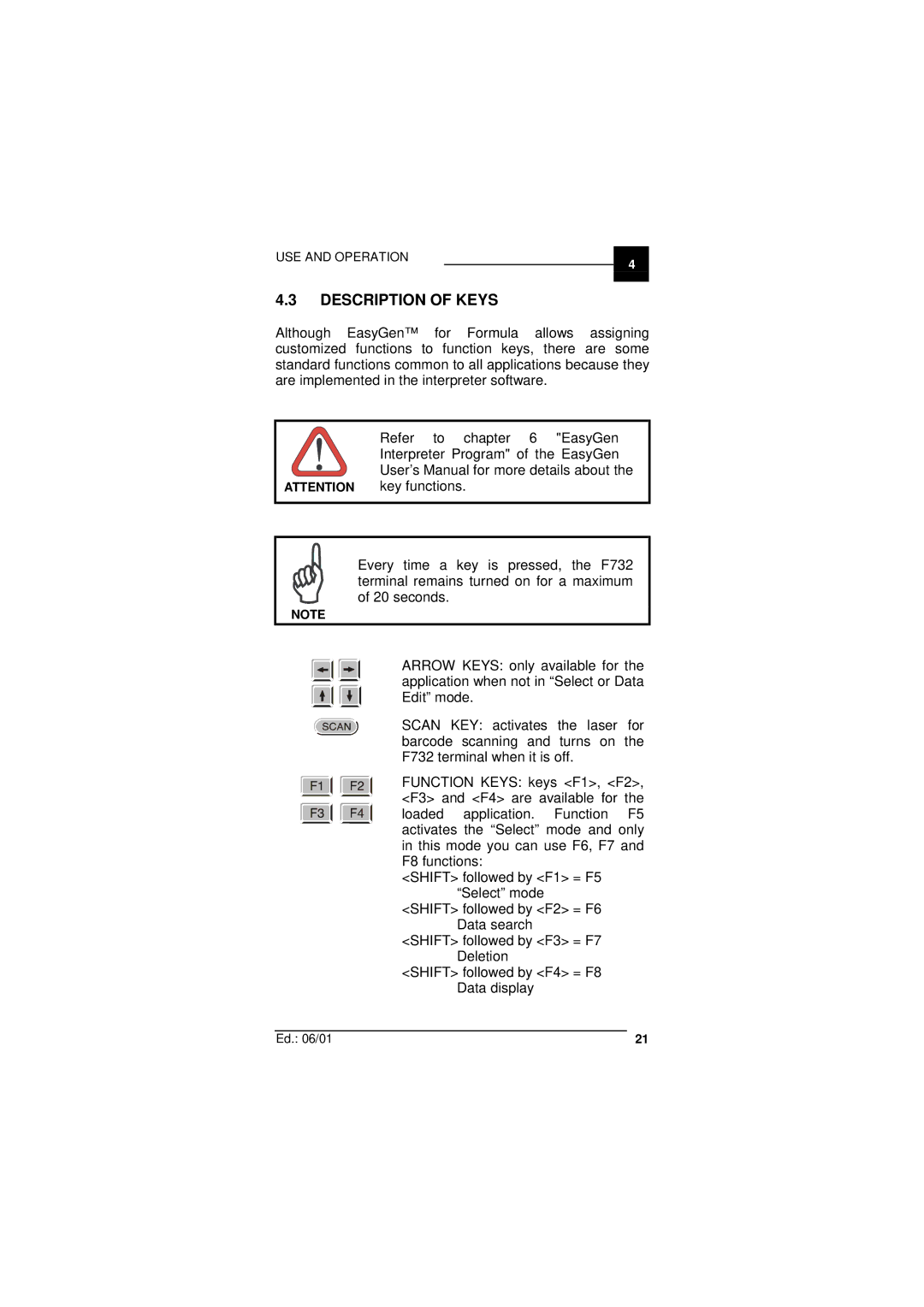 Datalogic Scanning F732 user manual Description of Keys 