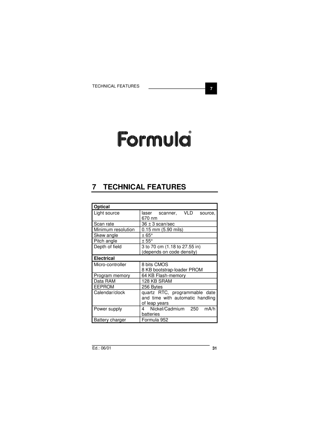 Datalogic Scanning F732 user manual Technical Features, Optical, Electrical, KB Sram Eeprom 