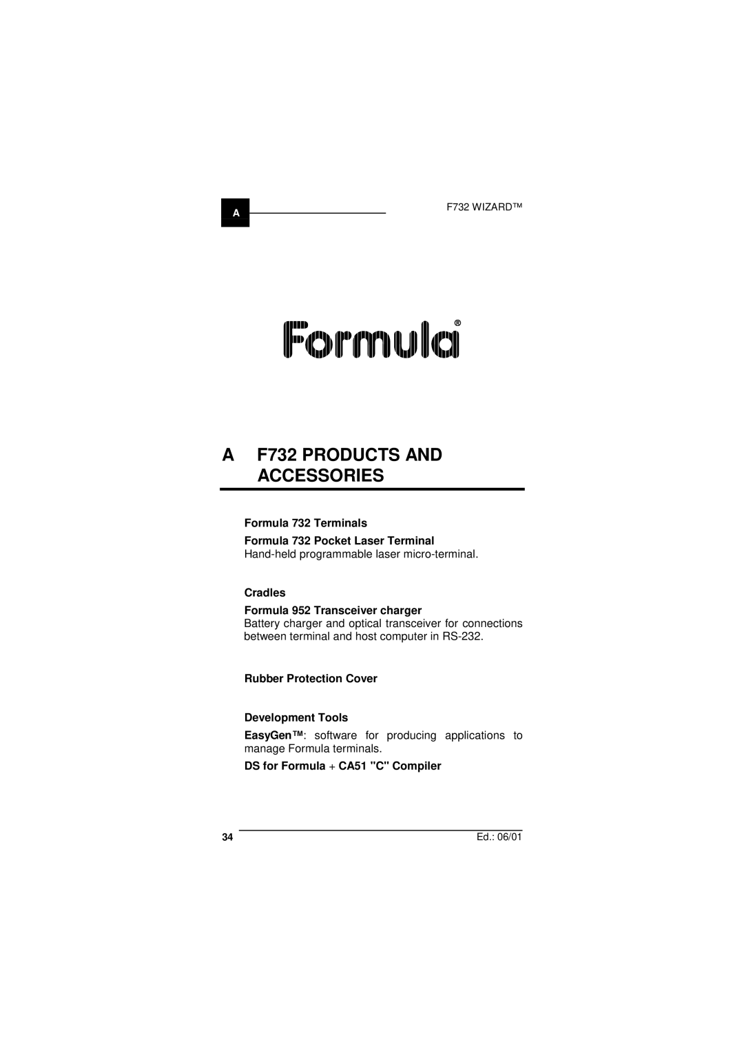 Datalogic Scanning F732 Products and Accessories, ‰ Formula 732 Terminals, ‰ Cradles − Formula 952 Transceiver charger 