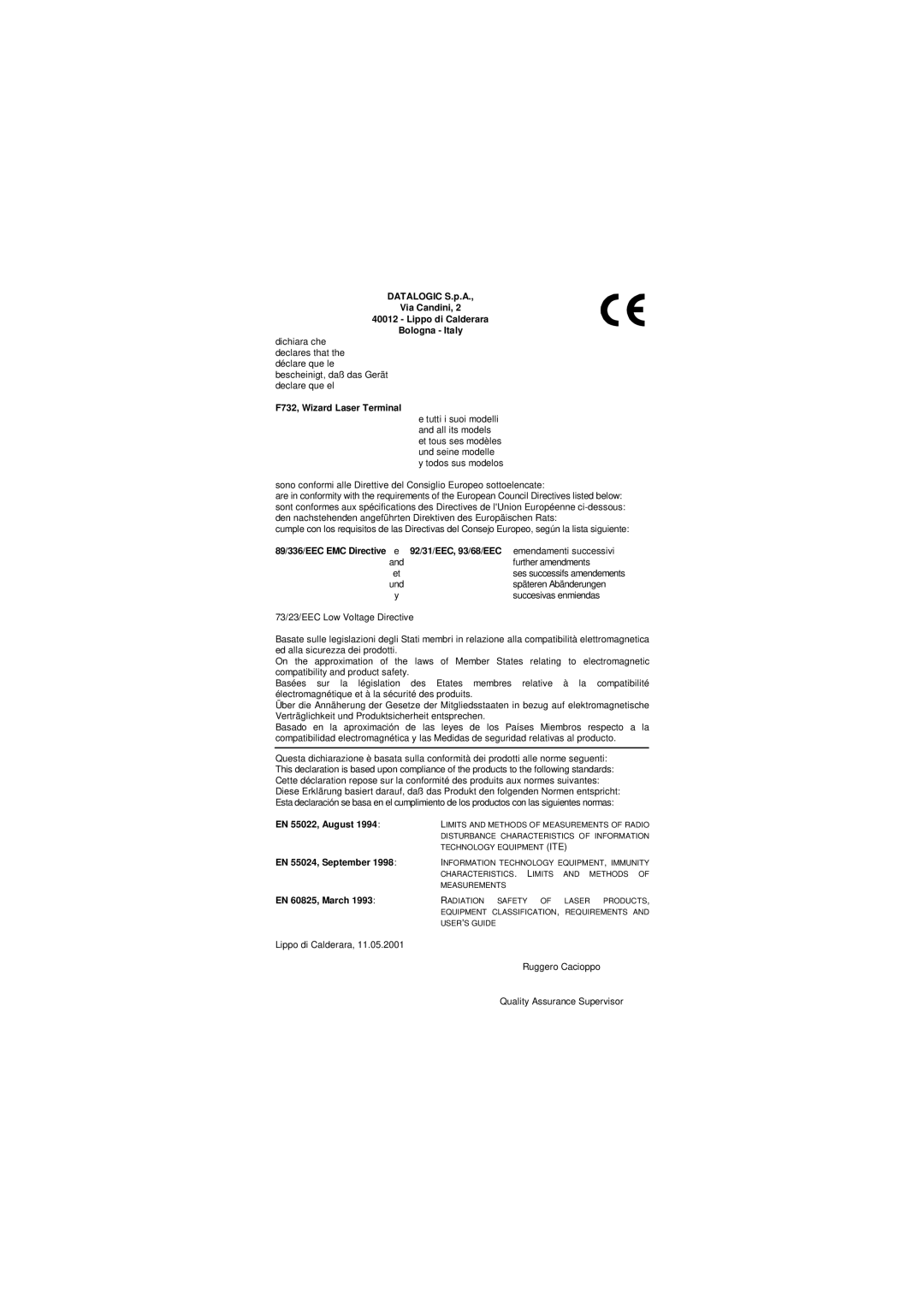 Datalogic Scanning F732 user manual 73/23/EEC Low Voltage Directive 