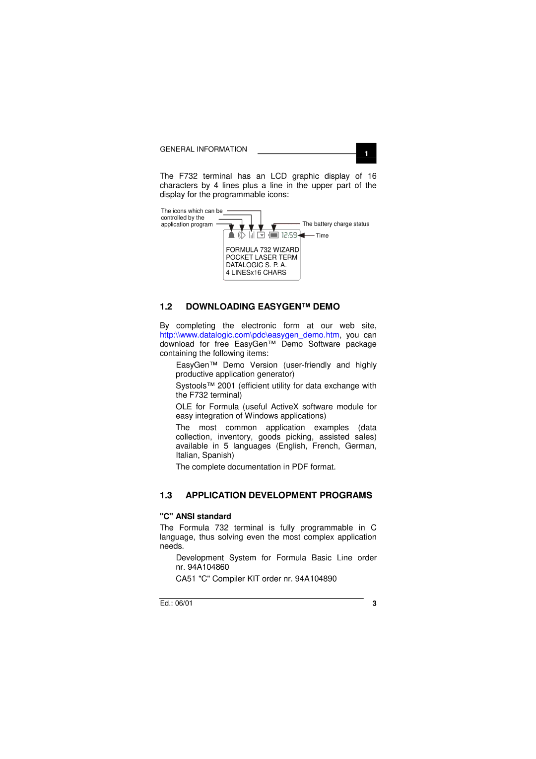 Datalogic Scanning F732 user manual Downloading Easygen Demo, Application Development Programs, Ansi standard 