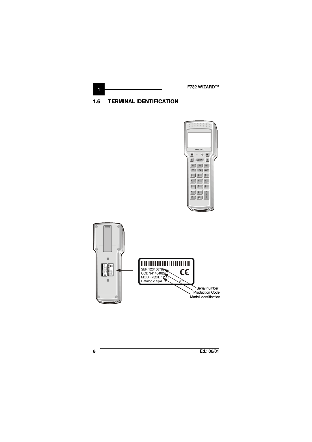 Datalogic Scanning user manual Terminal Identification, F732 WIZARD, Ed. 06/01, 00/01 