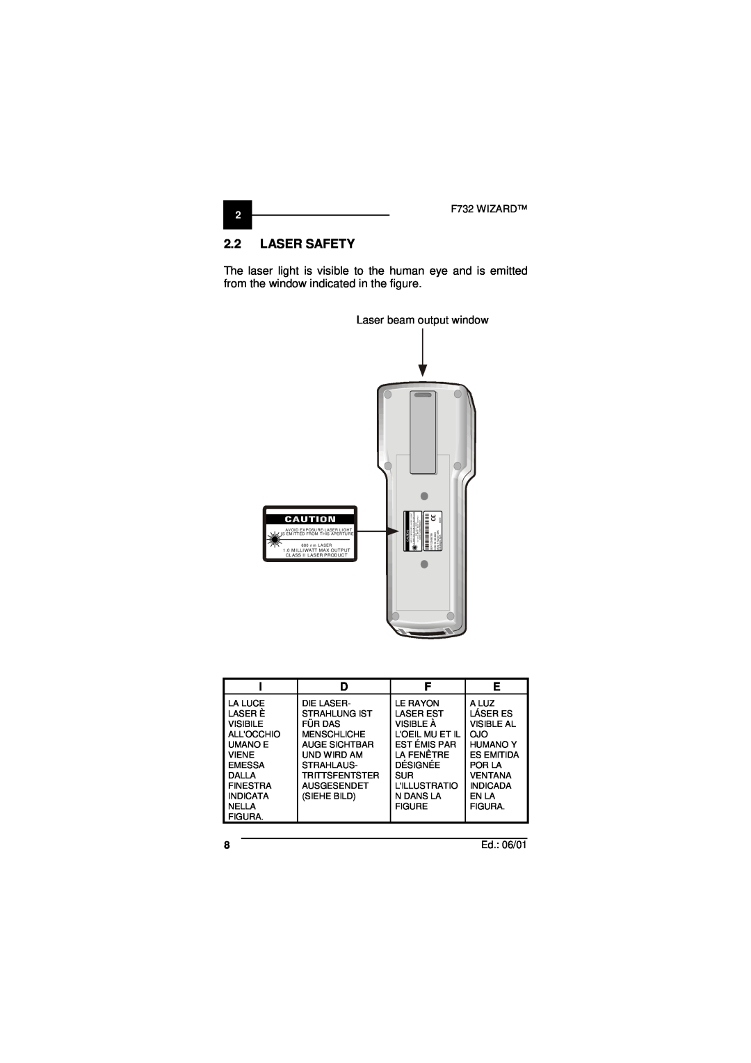 Datalogic Scanning user manual Laser Safety, F732 WIZARD, Ed. 06/01 