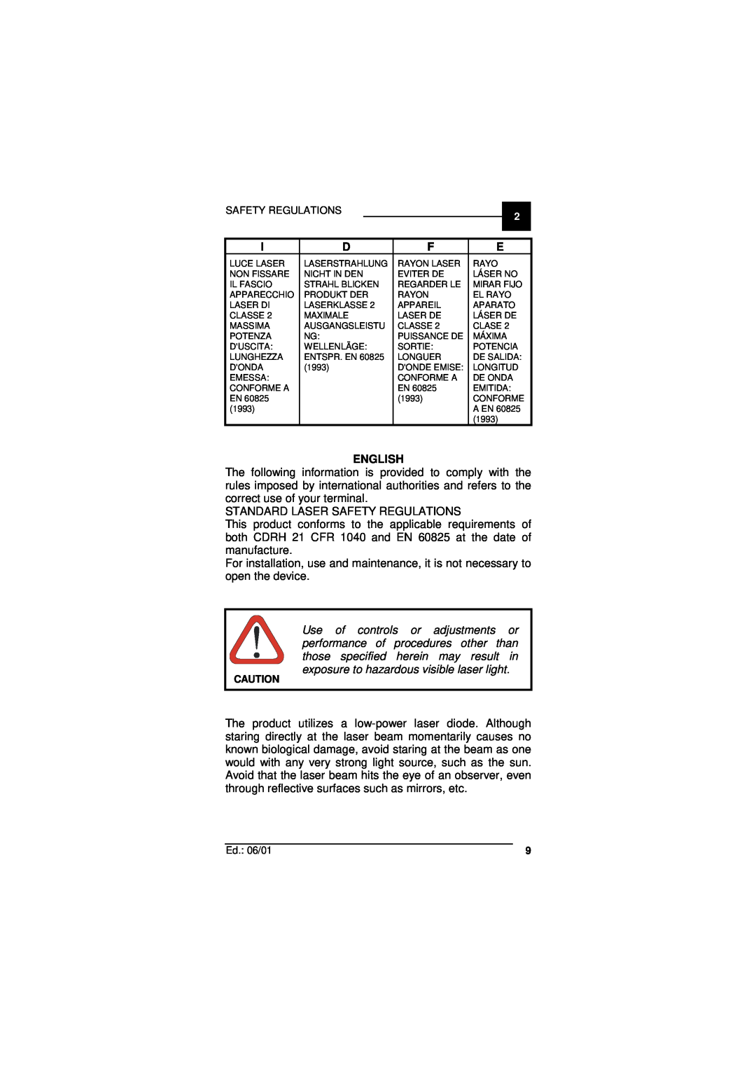 Datalogic Scanning F732 user manual English, Standard Laser Safety Regulations 