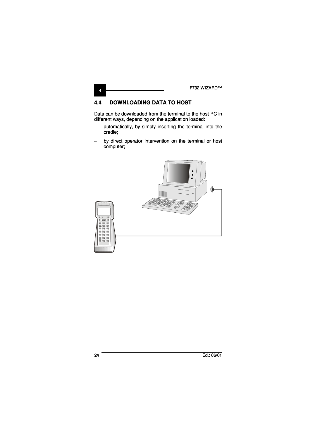 Datalogic Scanning user manual Downloading Data To Host, F732 WIZARD, Ed. 06/01, Nacs, Tfihs 