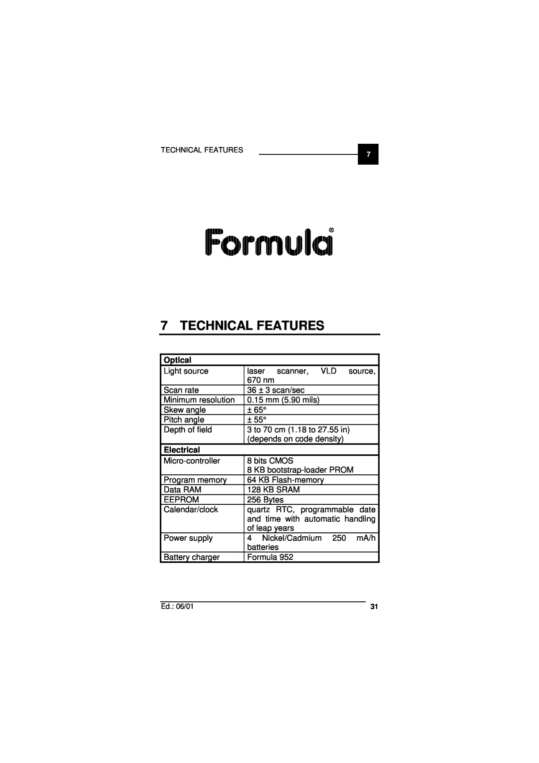 Datalogic Scanning F732 user manual Technical Features, Optical, Electrical 