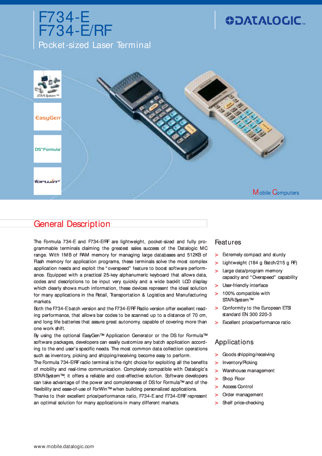 Datalogic Scanning manual General Description, Mobile Computers, F734-E F734-E/RF, Pocket-sized Laser Terminal 