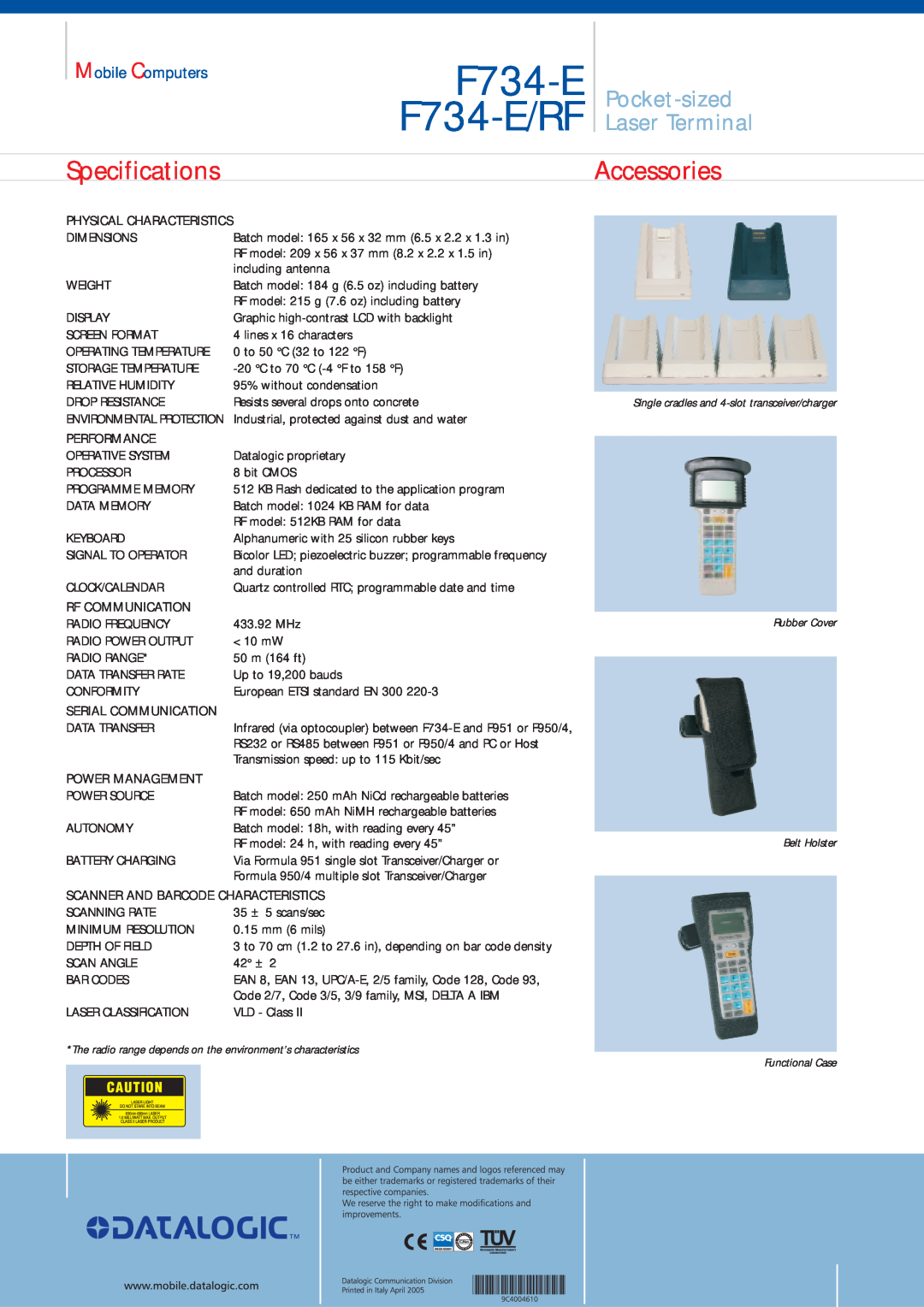 Datalogic Scanning manual Specifications, F734-E F734-E/RF, Accessories, Pocket-sized Laser Terminal, Mobile Computers 