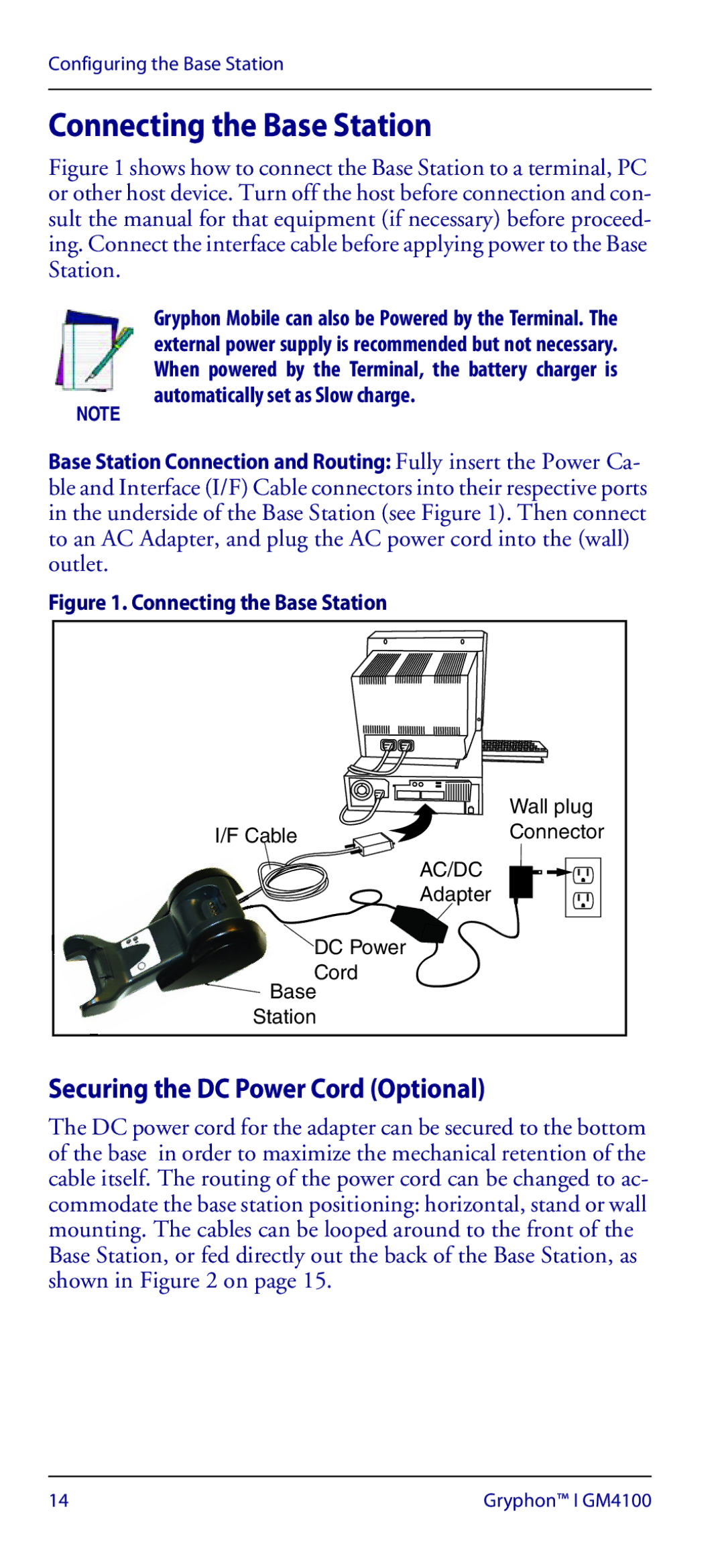 Datalogic Scanning GM4100 manual Connecting the Base Station, Securing the DC Power Cord Optional 