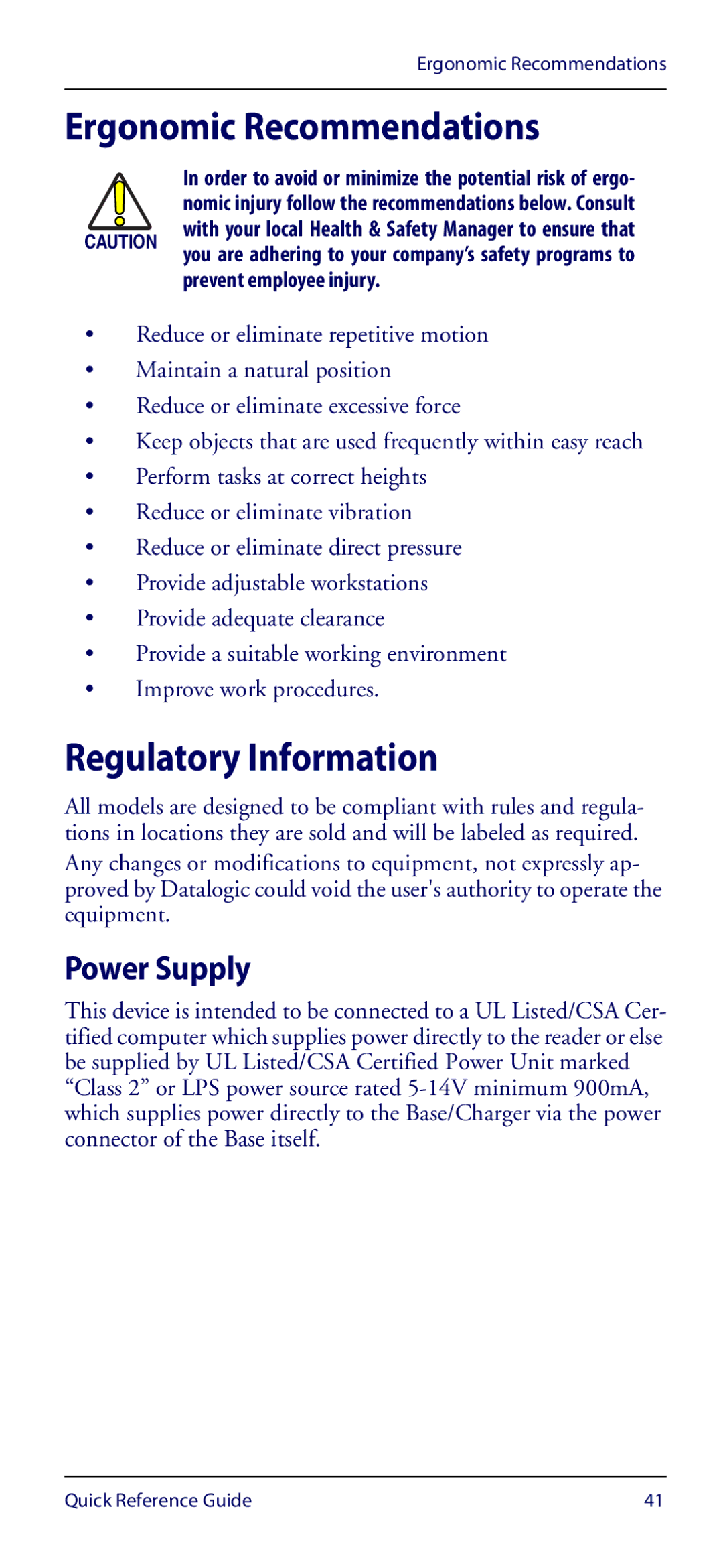 Datalogic Scanning GM4100 manual Ergonomic Recommendations, Regulatory Information, Power Supply 
