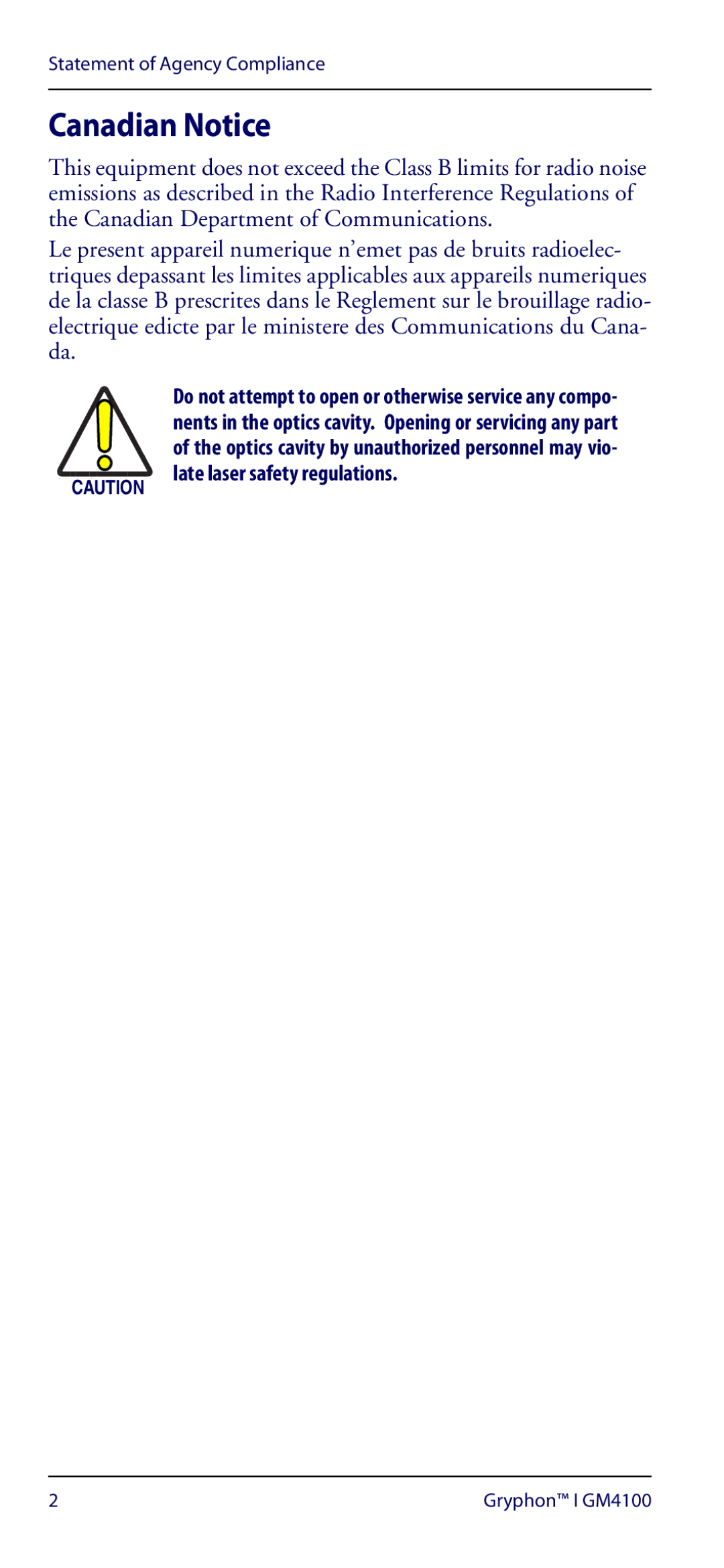 Datalogic Scanning GM4100 manual Canadian Notice 