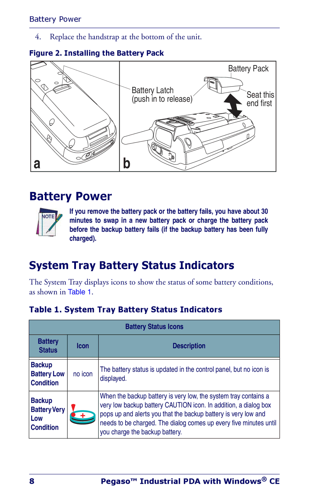 Datalogic Scanning Industrial PDA manual Battery Power, System Tray Battery Status Indicators 