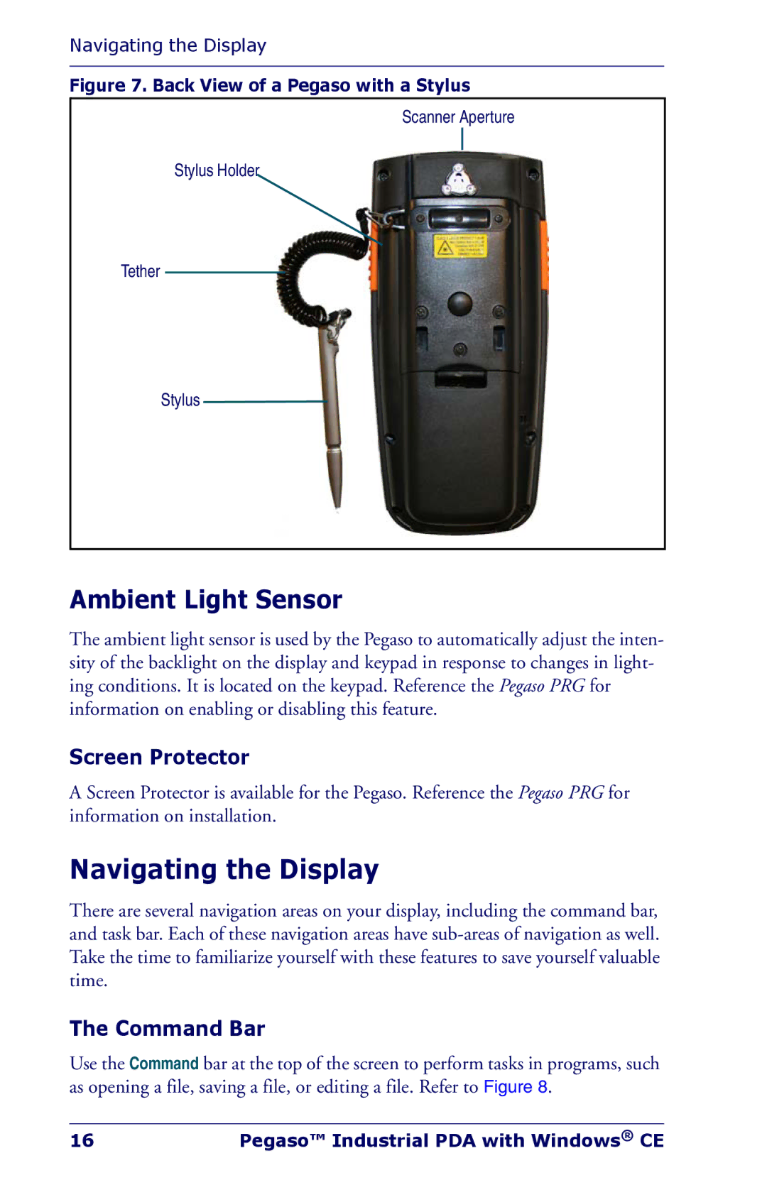 Datalogic Scanning Industrial PDA manual Navigating the Display, Ambient Light Sensor, Screen Protector, Command Bar 