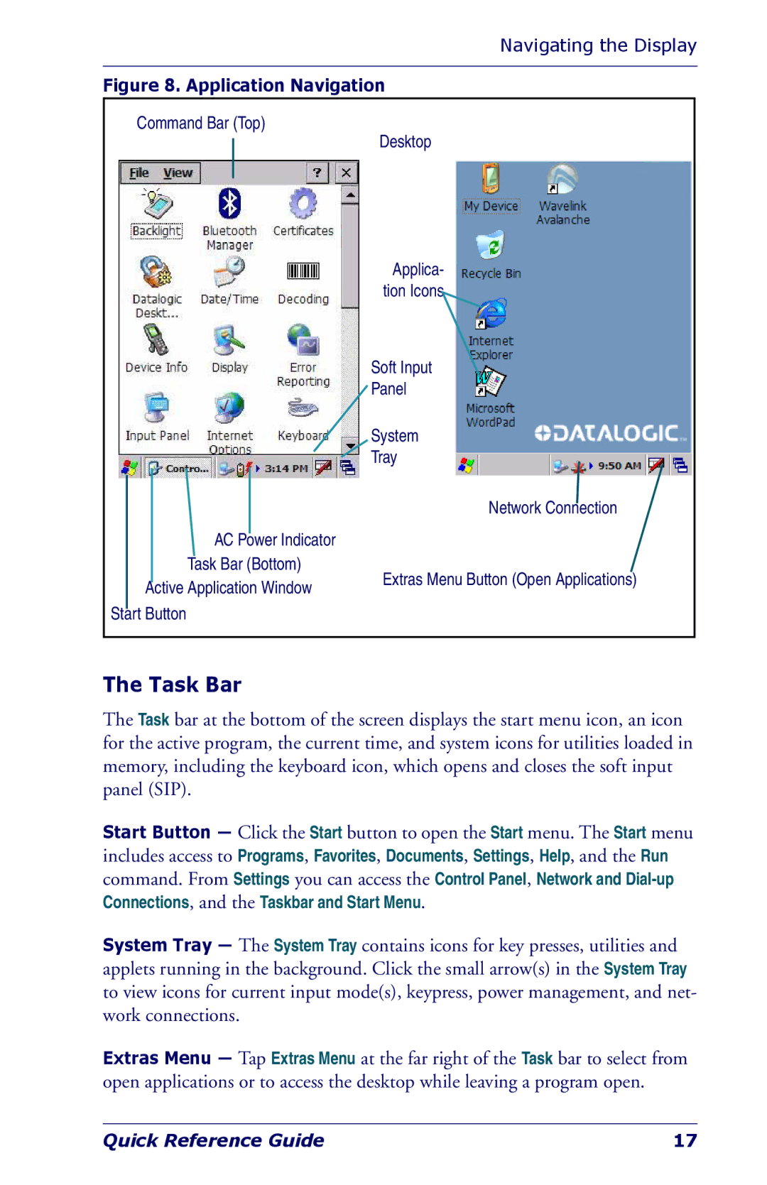 Datalogic Scanning Industrial PDA manual Task Bar, Application Navigation 