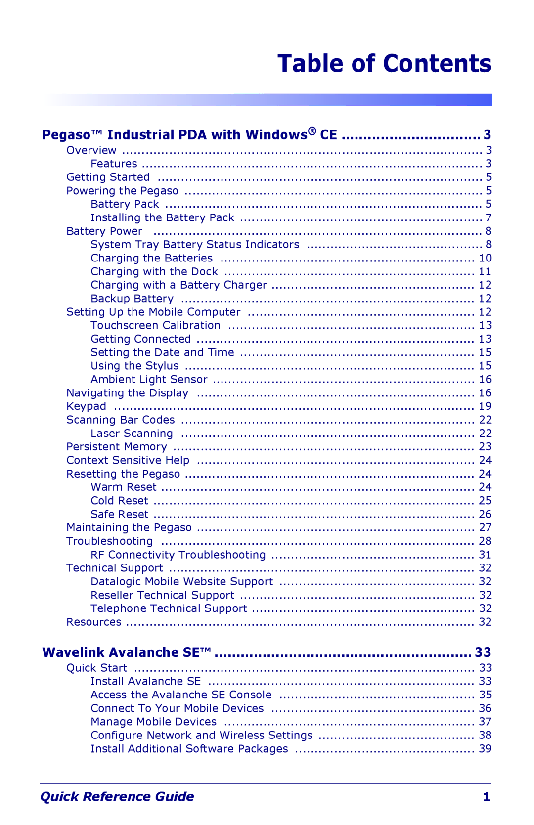 Datalogic Scanning Industrial PDA manual Table of Contents 